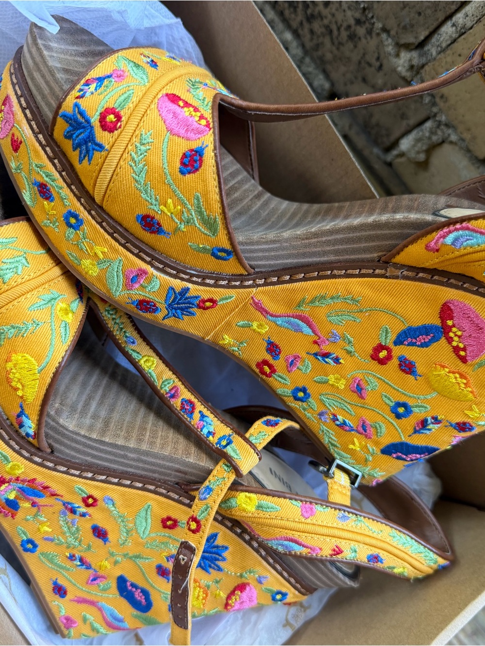 Gianni Bini Yellow Embroidered Floral Platform Wedge Sandals